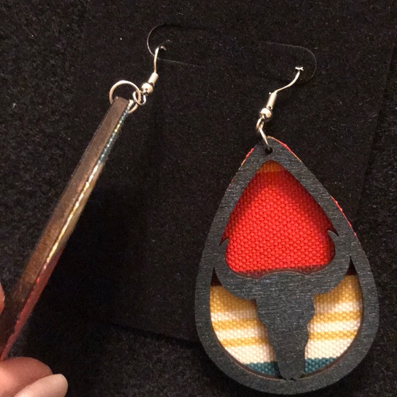 Longhorn Serape Wooden Dangle Earrings 1 of a KIND - Picture 3 of 5